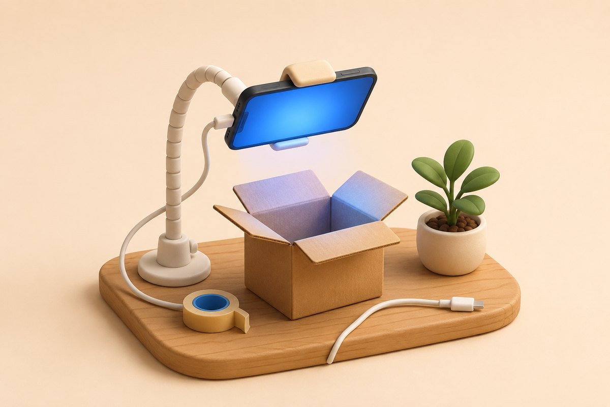 A phone mounted on the packing bench, ready to record